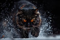 Black fluffy cat with bright orange eyes walking through snow at night, snowflakes falling around, dramatic close-up portrait showing mystical winter atmosphere.