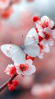 White butterfly with red spots resting on blooming cherry blossom branch with pink flowers and red buds against soft blurred background for spring nature designs.