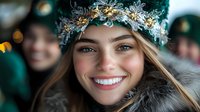 Young woman wearing delicate floral crown and fur coat smiling with bright white teeth against blurred winter holiday background with bokeh lights.