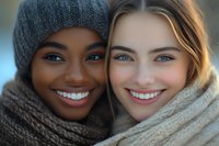 Two young women friends smiling warmly in winter clothing with knit hats and scarves, showing genuine happiness and friendship in cold weather outdoor portrait.