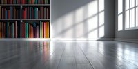 Modern minimalist room interior with large window casting shadows, colorful bookshelf against white wall, and polished concrete floor reflecting natural light.