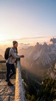 Male hiker in casual athletic wear standing at mountain overlook during golden hour sunrise, gazing at dramatic alpine peaks and forested valleys below for travel and adventure concepts.