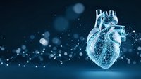 Digital holographic human heart with glowing particles on dark blue background for medical technology and healthcare innovation presentations.