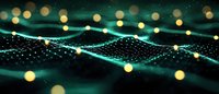 Abstract digital landscape with glowing turquoise waves and golden bokeh lights on dark background, representing data visualization and technology networks.