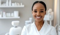 Confident African American female esthetician smiling in modern spa salon with beauty products displayed on shelves in background.