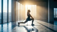 Young athletic woman doing lunge exercise in modern office building with large windows and natural sunlight streaming in during morning workout routine.