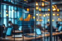 Financial data graph on glass wall with orange bokeh lights in modern office space, showing market analysis and business growth statistics in corporate environment.
