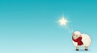 Cute sheep character wearing red scarf standing on blue background with bright star and sparkles, isolated design element for children's illustrations, greeting cards, and nursery decor.