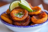 Crispy golden onion rings garnished with fresh lime wedges and herbs served in blue-rimmed white ceramic bowl, close up view of appetizing fried food.