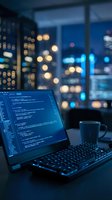 Laptop with programming code on screen in modern office at night with city lights bokeh background and coffee cup for developer workspace atmosphere.