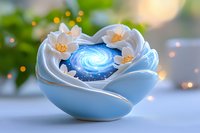 Mystical ceramic flower bowl with glowing blue galaxy swirl center and white lotus blossoms, against soft bokeh background.