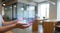 Businesswoman hands holding holographic digital network icons in modern office space representing connectivity and technology innovation.
