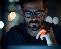 Bearded Caucasian man in glasses working late at night on laptop with illuminated screen reflecting on his face, dark moody atmosphere with bokeh lights.
