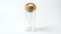 Clear glass cylinder bottle with natural wood cap and handle on white background, suitable for beverage packaging, product mockups, and eco-friendly container designs.