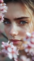 Close-up portrait of young woman with blue eyes framed by delicate spring cherry blossoms, soft natural makeup and glowing skin.