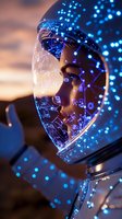 Futuristic profile with glowing blue digital patterns and geometric projections overlaid on face, creating an advanced technological visualization effect.