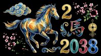Elegant horse with flowing mane and tail in gold and blue tones, surrounded by decorative clouds, cherry blossoms, ornamental numbers and Asian design elements. Isolated on transparent background, ready for t-shirts, stickers, sublimation and print-on-demand projects.