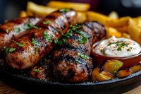 Grilled sausages with golden french fries served on cast iron pan, garnished with fresh herbs and creamy dipping sauce, close up view of savory meal.