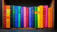 Colorful hardcover books arranged in row on wooden shelf against dark background, spines showing vibrant rainbow colors from red to yellow creating library atmosphere.