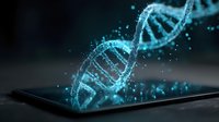 Glowing blue DNA helix emerging from digital tablet screen with particle effects, representing biotechnology and genetic research.