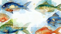 Watercolor fish frame with colorful marine life swimming around white space for text or design elements in aquatic underwater scene.