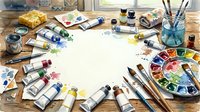 Artist workspace with watercolor paints, brushes, and blank paper surrounded by art supplies on wooden table, suitable for creative projects and tutorials.