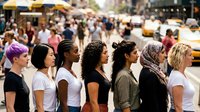 Diverse group of women standing together on busy city street with yellow taxis and crowds in background representing unity, friendship and multicultural community.
