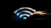 Glowing wifi symbol with particles effect on black background, blue and orange light trails creating modern wireless network concept for technology designs.