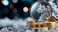 Magnifying glass examining gold coins with winter frost and snowflakes background, financial analysis concept for seasonal market trends and investments.