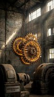Steampunk industrial factory interior with glowing golden gears suspended by chains above vintage machinery and brick walls illuminated by sunlight through windows.
