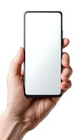 Hand holding modern smartphone with blank white screen isolated on white background. Perfect for app or website mockup designs.