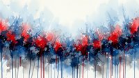 Abstract watercolor painting with red and blue paint splatters dripping downward on white background for modern art and creative design projects.