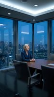 Professional blonde businesswoman in navy suit sitting at conference table in modern office boardroom with panoramic city skyline view at dusk.