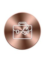 Rose gold metallic button with white briefcase and price tag icon isolated on transparent background for business and shopping applications.