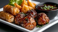 Glazed Asian chicken wings and spring rolls served on white plate with sweet chili dipping sauce, garnished with sesame seeds and green onions.