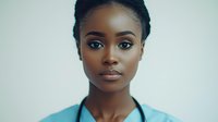Young African American female medical professional wearing scrubs and stethoscope looking directly at camera with confident expression against light background.