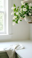 White jasmine flowers in ceramic vase on windowsill with natural light and linen cloth creating serene home decor atmosphere for interior design projects.