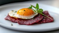 Sunny side up egg with black pepper served on thinly sliced cured meat garnished with fresh herbs on white ceramic plate, macro food photography.