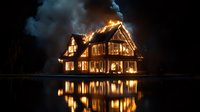 Dramatic wooden house engulfed in flames at night with perfect reflection in still lake water, creating mirror effect against dark sky with rising smoke.