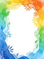 Watercolor floral frame with rainbow gradient border featuring leaves and botanical elements on white background for spring design projects.