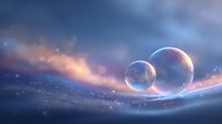 Mystical cosmic scene with two glowing planets floating above ethereal waves, set against dark blue sky with pink clouds and sparkling stars. For fantasy backgrounds.