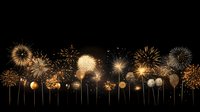 Festive fireworks display panorama against dark night sky, golden and white pyrotechnic bursts arranged in row formation creating celebratory atmosphere.