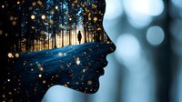 Silhouette of face with double exposure effect showing mysterious figure walking in illuminated winter forest with magical bokeh lights and dreamy atmosphere.