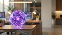 Purple holographic sphere with geometric network patterns floating above modern office desk in contemporary workspace for technology concepts.