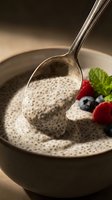 Creamy chia seed pudding with fresh berries and mint in bowl, spoon lifting smooth dessert texture for healthy breakfast or snack preparation.