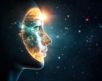 Glowing cosmic profile of woman's face emerging from starry space background, featuring luminous particles and ethereal light effects in orange and blue tones.