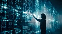 Business professional interacting with futuristic digital data visualization interface in cyberpunk technology environment for presentations.