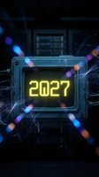 Futuristic digital display showing glowing yellow 2027 numbers on high-tech screen with colorful bokeh lights and cyber network background for new year concepts.
