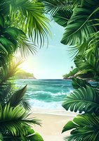 Tropical paradise view through lush green palm and monstera leaves frame, turquoise ocean waves rolling onto sandy beach, sunlight breaking through foliage.