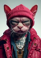 Stylish sphynx cat wearing red winter beanie, sunglasses, and leather jacket with visible tattoos and jewelry, representing urban fashion and hipster culture.
